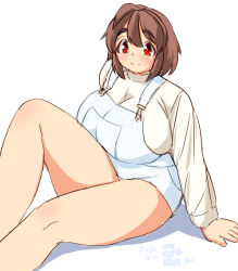 Rule 34 | 1girl, ahoge, arm support, bad id, bad pixiv id, breasts, brown hair, eno konoe, eyebrows, huge breasts, long sleeves, mikomu, overalls, plump, red eyes, short hair, sitting, smile, solo, suspenders, thick eyebrows, thick thighs, thighs