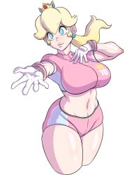 Rule 34 | 1girl, absurdres, blonde hair, blue eyes, breasts, curvy, gage 199x, gloves, highres, large breasts, long hair, looking at viewer, mario (series), midriff, navel, nintendo, outstretched arm, parted lips, pink lips, ponytail, princess peach, shorts, smile, soccer uniform, solo, sportswear, super mario strikers, thick thighs, thighs, toned, wide hips