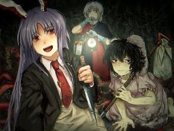 Rule 34 | 3girls, bamboo, bamboo forest, black jacket, blue gloves, dress, eientei, forest, gloves, highres, holding, holding knife, inaba tewi, jacket, knife, looking at viewer, multiple girls, nature, necktie, pink dress, pov, purple hair, red necktie, reisen udongein inaba, rubber gloves, shirt, smile, touhou, two-tone dress, white shirt, yagokoro eirin, yukine 0930