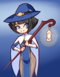 Rule 34 | 1girl, black hair, blue background, blue dress, blue eyes, blue headwear, cape, drantyno, dress, halloween, hat, holding, lantern, looking at viewer, megu (ryuhi), pantyhose, short hair, side slit, smile, smiley face, staff, standing, white cape, witch, witch hat