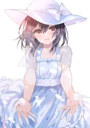Rule 34 | 1girl, blue hair, blush, collarbone, commentary, dappled sunlight, dress, hair between eyes, hat, hat ribbon, highres, idolmaster, idolmaster shiny colors, looking at viewer, morino rinze, open mouth, outstretched arms, red eyes, ribbon, see-through, short hair, short sleeves, shotan, simple background, smile, solo, sun hat, sunlight, upper body, white background, white dress, white hat