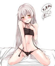 Rule 34 | 10s, 1girl, alternate hairstyle, amatsukaze (kancolle), bed sheet, black bra, black panties, blush, bra, character name, choker, covered erect nipples, full body, hair down, hand in panties, head tilt, kantai collection, long hair, looking at viewer, navel, panties, panty pull, rizzl, silver hair, simple background, sitting, smile, solo, stomach, underwear, underwear only, very long hair, wariza, white background