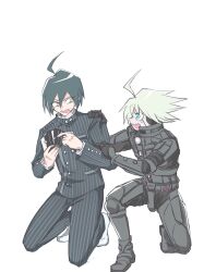 Rule 34 | 2boys, ahoge, android, armor, black gloves, black hair, black jacket, brown eyes, buttons, card, d:, danganronpa (series), danganronpa v3: killing harmony, double-breasted, gloves, grey eyes, headphones, highres, holding, holding card, jacket, k1-b0, male focus, multiple boys, no shoes, on one knee, open mouth, pants, playing card, power armor, saihara shuichi, shachoo (poco poco), socks, spiked hair, striped clothes, striped jacket, striped pants, white hair, white socks
