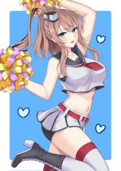 Rule 34 | 1girl, alternate costume, battle effectiveness award, belt, black footwear, blue eyes, boots, breasts, brown hair, cheerleader, crop top, cross-laced footwear, hair between eyes, high heel boots, high heels, highres, holding, holding pom poms, kantai collection, large breasts, midriff, miniskirt, navel, neckerchief, pleated skirt, pom pom (cheerleading), pom poms, ponytail, red belt, red neckerchief, rei (09991), saratoga (kancolle), side ponytail, sidelocks, skirt, smokestack hair ornament, solo, standing, standing on one leg, thighhighs, white skirt, white thighhighs