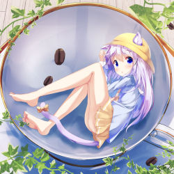 Rule 34 | 1girl, :o, absurdres, animal ears, ass, azur lane, bare legs, barefoot, blue eyes, blue shirt, blush, bow, cat ears, cat girl, cat tail, chinomaron, coffee beans, commentary request, cosplay, cup, ears through headwear, feet, gochuumon wa usagi desu ka?, hair between eyes, hat, highres, in container, in cup, kafuu chino, kemonomimi mode, kisaragi (azur lane), kisaragi (azur lane) (cosplay), long sleeves, looking at viewer, looking to the side, lying, mini person, minigirl, on side, parted lips, pleated skirt, purple hair, saucer, school hat, shirt, signature, skirt, soles, solo, tail, tail bow, tail ornament, toes, yellow bow, yellow hat, yellow skirt