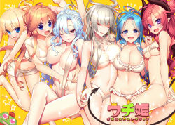 Rule 34 | 6+girls, ahoge, antenna hair, aqua eyes, bare legs, bare shoulders, bikini, blonde hair, blue eyes, blue hair, blunt bangs, blush, breasts, cleavage, cleavage cutout, clothing cutout, colored eyelashes, crop top, demon horns, demon tail, fangs, frilled bikini, frills, from side, giuniu, grin, hair between eyes, holding hands, horns, interlocked fingers, large breasts, long hair, looking at viewer, lying, micro bikini, midriff, morrigan rufei, multiple girls, navel, on back, on side, one-piece swimsuit, one eye closed, open mouth, orange hair, parted lips, pointy ears, purple eyes, red eyes, red hair, shorts, sitting, slingshot swimsuit, slit pupils, smile, stomach, swimsuit, tail, tsurime, turtleneck, uchi no hime-sama ga ichiban kawaii, underboob, very long hair, white bikini, white hair, white one-piece swimsuit, yellow eyes