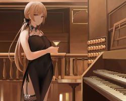 Rule 34 | 1girl, absurdres, black dress, black ribbon, blonde hair, breasts, closed mouth, cup, dress, drinking glass, feet out of frame, girls&#039; frontline, hair ribbon, highres, holding, holding cup, long hair, looking at viewer, nighttsound, ots-14 (girls&#039; frontline), ribbon, solo, standing, wine glass, yellow eyes