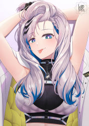 Rule 34 | 1girl, :p, absurdres, aqua eyes, armpits, arms up, black gloves, blue hair, braid, breasts, colored inner hair, crop top, french braid, gloves, grey hair, hair ornament, hairclip, highres, hololive, hololive indonesia, jacket, jacket on shoulders, landacdeus, large breasts, looking at viewer, multicolored hair, pavolia reine, pavolia reine (streetwear), shirt, sleeveless, sleeveless shirt, solo, streaked hair, tongue, tongue out, upper body, virtual youtuber