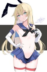 Rule 34 | 1girl, absurdres, adapted costume, bad anatomy, black neckerchief, blonde hair, blue sailor collar, blue skirt, blush, breasts, calin, cowboy shot, cropped legs, elbow gloves, gloves, green eyes, highres, kantai collection, long hair, miniskirt, navel, neckerchief, one-hour drawing challenge, open mouth, pleated skirt, sailor collar, shimakaze (kancolle), skirt, small breasts, solo, striped clothes, striped thighhighs, thighhighs, white gloves
