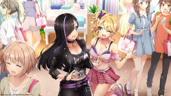 Rule 34 | 6+girls, ;d, bare shoulders, belt, black choker, black hair, black jacket, black pants, blonde hair, blue eyes, braid, breasts, butterfly hair ornament, choker, cleavage, copyright notice, dolphin wave, extra, game cg, gyaru, hair ornament, hair over one eye, highres, izumi kiri, jacket, jewelry, kurose minami, large breasts, leather, leather jacket, leg up, long hair, multicolored hair, multiple girls, necklace, off-shoulder shirt, off shoulder, official art, one eye closed, open mouth, pants, pink skirt, plaid, plaid skirt, pleated skirt, purple hair, shirt, side ponytail, sidelocks, skirt, smile, standing, standing on one leg, streaked hair, twin braids