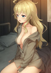 Rule 34 | 1girl, ahoge, arm at side, bare shoulders, bed, between legs, blanket, blonde hair, blue eyes, blush, breasts, brown shirt, buttons, cleavage, collarbone, collared shirt, commentary request, drooling, half-closed eyes, hand between legs, highres, indoors, long hair, long sleeves, medium breasts, naked shirt, no bra, off shoulder, on bed, open mouth, pillow, revision, saliva, shirt, shoujo shuumatsu ryokou, sitting, sleepy, sleeves past wrists, solo, tareme, thighs, tomifumi, waking up, wavy hair, wing collar, yuuri (shoujo shuumatsu ryokou)
