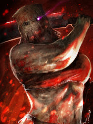 Rule 34 | 1girl, bag on head, bag over head, blood, cleaver, dark souls (series), dark souls i, from software, glowing, glowing eye, maneater mildred, muscular, navel, solo, yashiro50