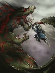 Rule 34 | armor, battle, capcom, deviljho, fangs, monster, monster hunter (series), monster hunter 3, monster hunter 3 g, open mouth, red eyes, scales, shield, sword, tail, tongue, weapon