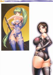 Rule 34 | 2girls, ass, bare shoulders, bodypaint, breast tattoo, breasts, brown hair, earrings, elbow gloves, female focus, fingerless gloves, gloves, green hair, gun, hand on own hip, highres, holding, holding weapon, iruma kamiri, jewelry, katana, large breasts, looking at viewer, looking back, midriff, multiple girls, nail polish, naked paint, non-web source, nude, original, ponytail, red eyes, short hair, short shorts, shorts, simple background, sword, tattoo, thighhighs, weapon, white background