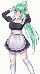 Rule 34 | 1girl, smile, green eyes, green hair, highres, langspower, long hair, looking at viewer, maid, pneuma (xenoblade), ponytail, simple background, solo, thighhighs, wihte background, xenoblade chronicles (series), xenoblade chronicles 2