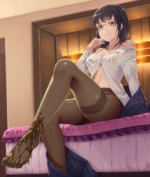 Rule 34 | 1girl, arm support, asisuki, bed, black hair, blush, bra, chocolate, chocolate on foot, unworn clothes, dress shirt, feet, finger to own chin, glasses, lace, lace-trimmed panties, lace trim, legs, looking at viewer, navel, no shoes, off shoulder, open clothes, open shirt, original, panties, panties under pantyhose, pantyhose, purple bra, purple panties, shirt, short hair, sitting, smile, solo, toes, underwear, valentine, yellow eyes