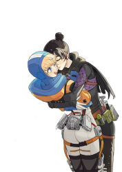 Rule 34 | 2girls, absurdres, animification, apex legends, ass, belt, black bodysuit, black thighhighs, blue bodysuit, bodysuit, brown belt, cable, chinese commentary, closed eyes, hair behind ear, hair bun, hand on another&#039;s shoulder, highres, hood, hood down, hood up, hooded bodysuit, hooded jacket, hug, jacket, leaning back, leaning forward, multiple girls, orange jacket, single hair bun, smile, thigh strap, thighhighs, tuxiaoning not, wattson (apex legends), white background, white bodysuit, wraith (apex legends), yuri