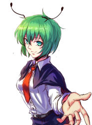 Rule 34 | 1girl, antennae, belt, cape, foreshortening, green eyes, green hair, highres, koissa, long sleeves, looking at viewer, matching hair/eyes, necktie, one-hour drawing challenge, open hand, red necktie, shirt, short hair, smile, solo, touhou, upper body, white shirt, wriggle nightbug