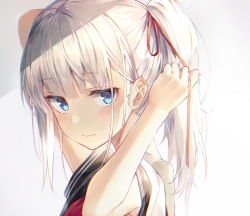 Rule 34 | 1girl, arm up, backlighting, black sailor collar, blue eyes, blush, closed mouth, commentary request, from side, grey background, hair ribbon, hand up, highres, huwari (dnwls3010), long hair, looking at viewer, looking to the side, original, ponytail, red neckwear, red ribbon, ribbon, sailor collar, sanpaku, school uniform, serafuku, shirt, short sleeves, sidelocks, silver hair, solo, teeth, tying hair, upper teeth only, white shirt