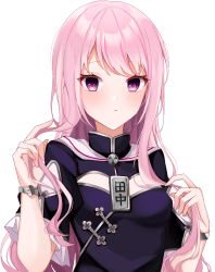 Rule 34 | 1girl, blush, bracelet, breasts, closed mouth, highres, himehina channel, holding, holding hair, jewelry, long hair, looking at viewer, meru hinano, pink eyes, pink hair, short sleeves, simple background, small breasts, solo, tanaka hime, upper body, very long hair, virtual youtuber, white background