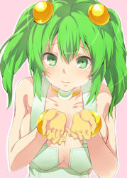 Rule 34 | 00s, 1girl, :t, amasora taichi, breasts, capcom, choker, cleavage, cupping hands, green eyes, green hair, hair ornament, matching hair/eyes, mega man (series), mega man battle network, mega man battle network (series), mr. prog (mega man), own hands together, personification, puffy cheeks, short hair, simple background, solo, twintails