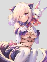 Rule 34 | 1girl, animal ears, bad id, bad pixiv id, breasts, creature, elbow gloves, fate/grand order, fate (series), fou (fate), fur-trimmed gloves, fur-trimmed legwear, fur collar, fur trim, gloves, hair over one eye, halloween costume, highres, huyou (awegk), large breasts, looking at viewer, mash kyrielight, mash kyrielight (dangerous beast), o-ring, o-ring top, official alternate costume, purple eyes, purple gloves, purple hair, purple legwear, revealing clothes, short hair, simple background, smile, solo, tail, wolf ears, wolf tail