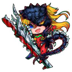 Rule 34 | 1girl, artist request, blonde hair, blue eyes, bodysuit, breasts, chibi, claws, crossover, dragon girl, female focus, fusion, gloves, godzilla, godzilla (series), hair between eyes, heterochromia, highres, holding, holding weapon, long hair, looking at viewer, monster girl, neon genesis evangelion, open mouth, plugsuit, scales, shin godzilla, signature, smile, solo, souryuu asuka langley, tail, twintails, weapon, yellow eyes