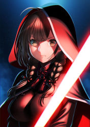 Rule 34 | 1girl, ahoge, braid, breasts, brown eyes, brown hair, capelet, crossover, energy sword, hair ribbon, hood, hood up, hooded capelet, kantai collection, large breasts, lightsaber, lips, long hair, parody, ribbon, shinshuu maru (kancolle), sith, solo, star wars, sword, twin braids, unowen, upper body, weapon
