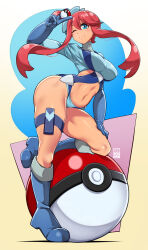 Rule 34 | 1girl, bayeuxman, beige background, blue background, blue eyes, blue footwear, blue gloves, blue shorts, boots, creatures (company), crop top, dark-skinned female, dark skin, game freak, gloves, gradient background, hair ornament, highres, holding, holding poke ball, long sleeves, looking at viewer, navel, nintendo, one eye closed, poke ball, poke ball (basic), pokemon, pokemon bw, red hair, short hair with long locks, short shorts, shorts, skyla (pokemon), solo, standing, standing on one leg, thick thighs, thigh strap, thighs, v, wink