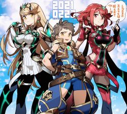 Rule 34 | 1boy, 2021, 2girls, belt, black gloves, black leggings, blonde hair, breasts, chest jewel, dated, dual persona, earrings, fingerless gloves, gloves, jewelry, large breasts, leggings, long hair, matching hair/eyes, multiple girls, mythra (massive melee) (xenoblade), mythra (xenoblade), nintendo, pantyhose, pantyhose under shorts, pyra (xenoblade), red eyes, red hair, red legwear, red shorts, rex (xenoblade), sasaki tomomi, short hair, short shorts, shorts, super smash bros., swept bangs, thighhighs, tiara, translation request, very long hair, xenoblade chronicles (series), xenoblade chronicles 2, yellow eyes