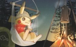 Rule 34 | :3, beanie, brown eyes, campfire, camping, closed mouth, clothed pokemon, commentary request, creatures (company), cup, fire, from below, game freak, gen 1 pokemon, grey headwear, hat, clothed pokemon, holding, holding cup, jacket, long sleeves, mocha fushigi, mug, night, nintendo, outdoors, pikachu, poke ball print, pokemon, red jacket, silhouette, sitting, sky, smile, star (sky), steam, tent, tree