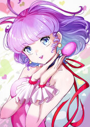 1girl arakan bare_shoulders blue_eyes colorful_background commentary_request creamy_mami dress heart highres mahou_no_tenshi_creamy_mami open_mouth own_hands_clasped own_hands_together pink_dress purple_hair red_ribbon ribbon smile solo upper_body wrist_cuffs