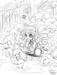 Rule 34 | bad id, bad pixiv id, bow, cirno, embodiment of scarlet devil, frog, greyscale, hair bow, ice, kakkou, monochrome, short hair, solo, touhou, wings