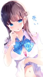 Rule 34 | 1girl, blue bow, blue bowtie, bow, bow bra, bowtie, bra, bra peek, braid, breasts, brown hair, chikuwa., cleavage, clothes lift, collared shirt, commentary request, diagonal-striped bow, diagonal-striped bowtie, diagonal-striped clothes, diagonal-striped neckwear, dutch angle, hand up, highres, large breasts, lifted by self, long hair, navel, original, parted lips, pink bra, see-through, shirt, shirt lift, short sleeves, simple background, solo, striped bow, striped bowtie, striped clothes, striped neckwear, translation request, underwear, wet, wet clothes, wet shirt, white background, white shirt