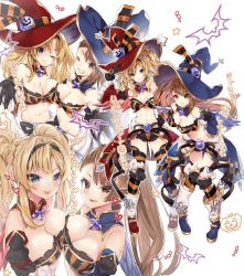 Rule 34 | 218, 2girls, asymmetrical bangs, beatrix (granblue fantasy), blonde hair, blue eyes, breasts, brown eyes, brown hair, cleavage, commentary, detached collar, granblue fantasy, halloween, halloween costume, hat, large breasts, long hair, looking at viewer, multiple girls, navel, one eye closed, open mouth, ponytail, thighhighs, translated, twintails, witch hat, zeta (granblue fantasy)