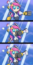 Rule 34 | 1girl, 3koma, arrol, blue background, blue eyes, blush, coffee, coffee mug, comic, cup, curvy, disembodied hand, english text, artistic error, eyelashes, female focus, galaxy, gloves, grey skirt, hair ornament, hairpin, half-closed eyes, headphones, hood, kirby: planet robobot, kirby (series), mittens, mug, multicolored background, nintendo, no humans, no mouth, no pupils, pencil skirt, pink hair, pinstripe pattern, purple background, shooting star, skirt, solo, spill, spilling, star (sky), striped, susie (kirby), uneven eyes, watermark, window, yellow gloves, yellow mittens