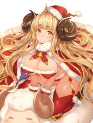 Rule 34 | 10s, 1girl, anila (granblue fantasy), bell, blonde hair, boots, breasts, christmas, cleavage, draph, eyebrows, female focus, gloves, granblue fantasy, hat, horns, huge breasts, inayama, large breasts, long hair, looking at viewer, red gloves, red thighhighs, santa costume, santa hat, sheep, sheep horns, solo, thick eyebrows, thick thighs, thigh boots, thighhighs, thighs, very long hair, yellow eyes