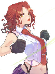 Rule 34 | 1girl, boxing, gloves, highres, lipstick, makeup, mature female, pants, red eyes, red hair, red tie, shirt, snk, the king of fighters, the king of fighters xv, tomboy, vanessa (kof), white shirt