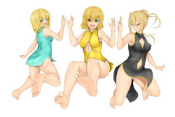 Rule 34 | 3girls, ass, blonde hair, blush, breasts, china dress, chinese clothes, cookin, dress, multiple girls, open mouth, panties, shironeko project, smile, underwear