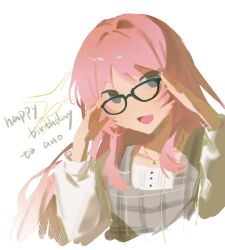 1girl adjusting_eyewear bang_dream! bang_dream!_it&#039;s_mygo!!!!! character_name chihaya_anon commentary cropped_torso dress english_commentary glasses grey_dress grey_eyes happy_birthday highres jewelry long_hair necklace open_mouth pinafore_dress pink_hair plaid_clothes plaid_dress shirane1619 shirt simple_background sleeveless sleeveless_dress solo sparkle upper_body white_background white_shirt