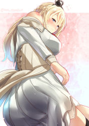 Rule 34 | 10s, 1girl, arms at sides, ass, ass focus, back, bad id, bad nicoseiga id, bare shoulders, blonde hair, blue eyes, blush, braid, corset, crown, dress, embarrassed, from below, hair between eyes, hairband, half up braid, juurouta, kantai collection, long hair, long sleeves, looking at viewer, mini crown, off-shoulder dress, off shoulder, pink background, solo, standing, warspite (kancolle), white dress