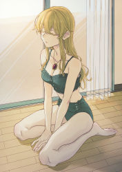 Rule 34 | 1girl, absurdres, bare shoulders, barefoot, bikini, blonde hair, breasts, brooch, buttons, clarice (idolmaster), cleavage, closed eyes, closed mouth, collarbone, commentary request, curtains, fingernails, floor, full body, green bikini, hair between eyes, highres, idolmaster, idolmaster cinderella girls, indoors, jewelry, long hair, medium breasts, namiko817, sidelocks, sitting, solo, swimsuit