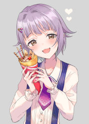 1girl :d blush brown_eyes collarbone collared_shirt commentary_request crepe dress_shirt fingernails food grey_background hair_intakes hair_ornament hairclip head_tilt heart highres holding holding_food idolmaster idolmaster_cinderella_girls idolmaster_cinderella_girls_starlight_stage kayanogura koshimizu_sachiko long_sleeves open_mouth purple_hair shirt simple_background smile solo suspenders upper_body white_shirt