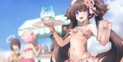 Rule 34 | 4girls, bikini, blue archive, blush, breasts, brown hair, chlorella observation club member (blue archive), day, fang, flower, food, food stand, frilled bikini, frills, green hair, hair flower, hair ornament, halo, highres, holding, holding tray, hyakkiyako alliance academy student (blue archive), inre kemomimi, long hair, multiple girls, navel, official alternate costume, open mouth, outdoors, pink bikini, pink flower, pink hair, pink halo, purple eyes, shaved ice, shizuko (blue archive), shizuko (swimsuit) (blue archive), skin fang, small breasts, smile, swimsuit, tray, twintails, umika (blue archive)
