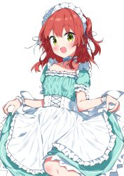 Rule 34 | 1girl, absurdres, alternate costume, apron, aqua dress, blush, bocchi the rock!, collarbone, commentary, dress, enmaided, frilled apron, frills, green eyes, hair between eyes, highres, kita ikuyo, long hair, maid, maid headdress, one side up, open mouth, red hair, short sleeves, simple background, smile, solo, suta0822, waist apron, white apron, white background, wrist cuffs