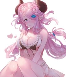 Rule 34 | 10s, 1girl, alternate hairstyle, bikini, blue eyes, blush, braid, breasts, cleavage, draph, granblue fantasy, hair ornament, hair over one eye, heart, horns, knees together feet apart, large breasts, long hair, low-tied long hair, moriko06, narmaya (granblue fantasy), narmaya (summer) (granblue fantasy), nose blush, pink hair, pointy ears, simple background, skindentation, solo, swimsuit, twin braids, v arms, white background, white bikini