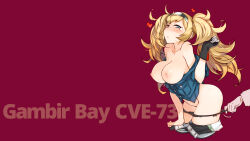 Rule 34 | 1girl, 1other, black bra, black panties, blonde hair, blue eyes, blue shirt, blush, bra, breast pocket, breasts, breasts out, character name, cleavage, clothes pull, collared shirt, commentary request, gambier bay (kancolle), gloves, hair between eyes, hairband, heart, highres, kantai collection, kusanagi tonbo, large breasts, long hair, looking at viewer, nipples, off shoulder, panties, panty pull, parted lips, photoshop (medium), pocket, red background, shirt, short sleeves, shorts, shorts pull, simple background, single glove, solo focus, star (symbol), star print, strap slip, tears, thighs, twintails, underwear
