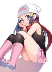 Rule 34 | 1girl, bare shoulders, beanie, black hair, black legwear, black shirt, boots, bracelet, closed mouth, commentary request, creatures (company), dawn (pokemon), female focus, full body, game freak, hair ornament, hairclip, hat, head rest, highres, jewelry, knee boots, knees up, long hair, looking at viewer, miniskirt, nintendo, pink footwear, pink skirt, pokemon, pokemon dppt, red scarf, scarf, shadow, shiny skin, shirt, siblings, simple background, sisters, skirt, sleeveless, sleeveless shirt, smile, solo, thighs, white background, yuihico