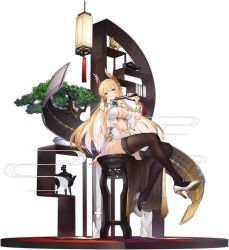 Rule 34 | 1girl, arm up, azur lane, black thighhighs, blonde hair, blue eyes, bonsai, breasts, center opening, chair, china dress, chinese clothes, cleavage, dress, flight deck, folding fan, gold trim, grin, hand fan, head tilt, high heels, highleg, highres, holding, kaede (yumesaki kaede), large breasts, laurel crown, long hair, looking at viewer, navel, official alternate costume, official art, pelvic curtain, short sleeves, sitting, smile, solo, stomach, stool, thighhighs, thighs, transparent background, very long hair, victorious (azur lane), victorious (guidance of the spring goddess) (azur lane), white dress, white footwear