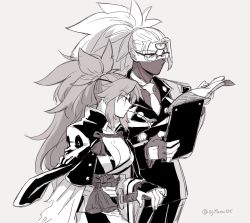 Rule 34 | 1boy, 1girl, answer (guilty gear), arm guards, asaya minoru, baiken, breasts, cleavage, clipboard, closed mouth, covered mouth, fingerless gloves, glasses, gloves, grey background, greyscale, guilty gear, guilty gear xrd, hand on hilt, headpiece, holding, jacket, katana, long hair, long sleeves, looking away, medium breasts, monochrome, mouth hold, necktie, obi, over-rim eyewear, pants, parted bangs, ponytail, profile, sash, scar, scar across eye, scar on face, semi-rimless eyewear, shirt, simple background, sword, twitter username, very long hair, weapon